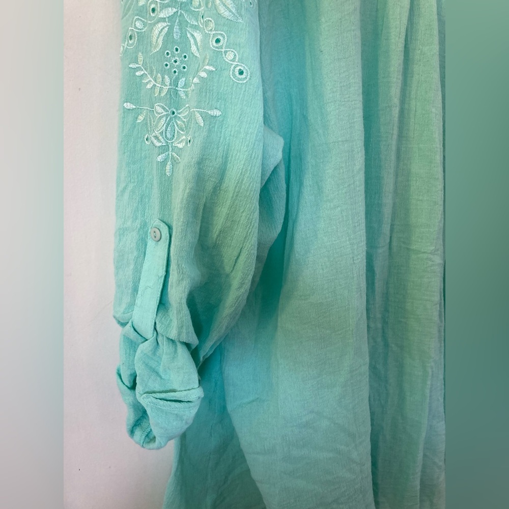 NWT soft surroundings 2X button down blouse roll tab sleeves aqua - Picture 8 of 10